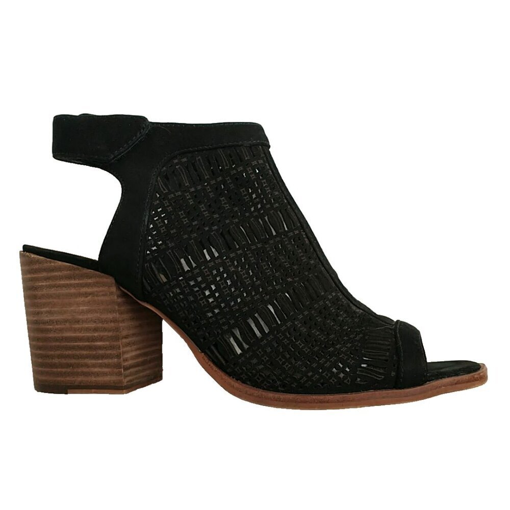 Vince Camuto Sandals Keannie Leather Laser Cut Block Heel Open Toe Black - 8.5M